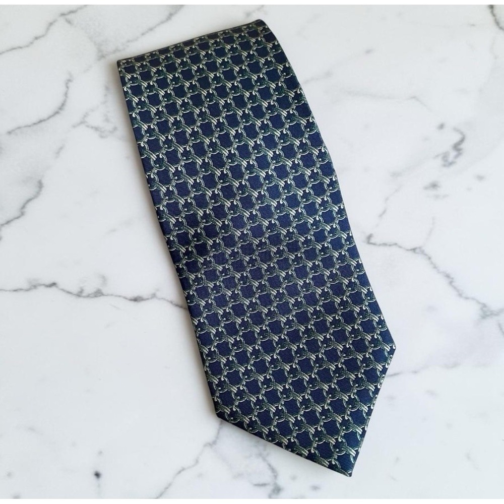 Bert Pulitzer Collectors Edition Silk Necktie Navy Green Geometric Made USA